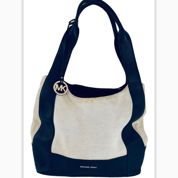 Michael Kors blue navy beige Large Canvas Leather admiral Shoulder handbag Tote - Picture 1 of 15